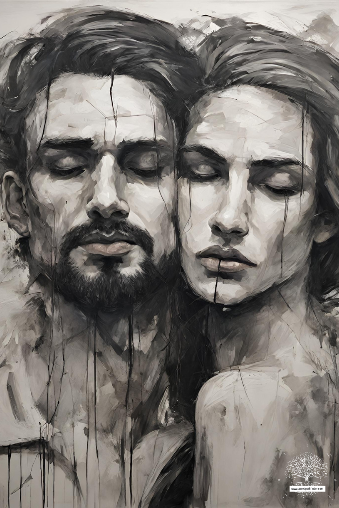 Black and white photo of a painting of a man and a woman who are next two eachother, embracing, with their eyes closed. This photo is AI generated. 