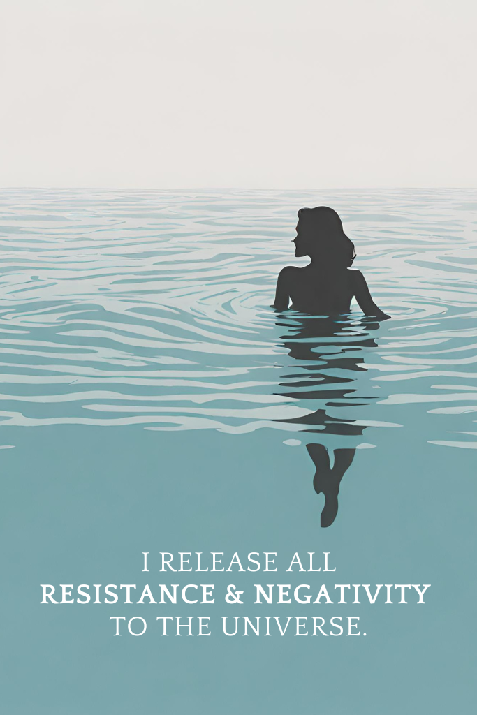 Phone wallpaper of a woman swimming in a large body of water with an affirmation quote. This photo is AI generated. 