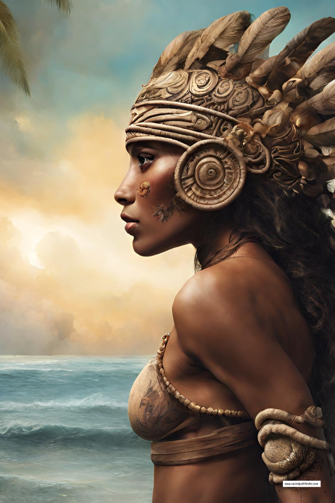 AI generated photo of the Taino goddess, Atabey, wearing a headdress, by the ocean