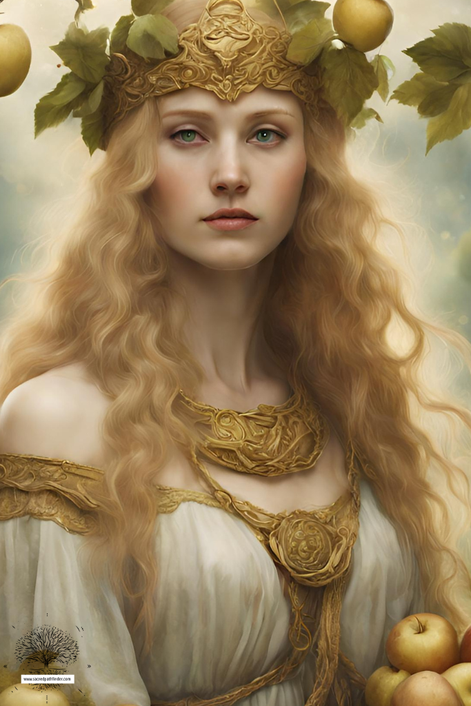 AI generated photo of the Norse goddess, Iduna, surrounded by golden apples. 