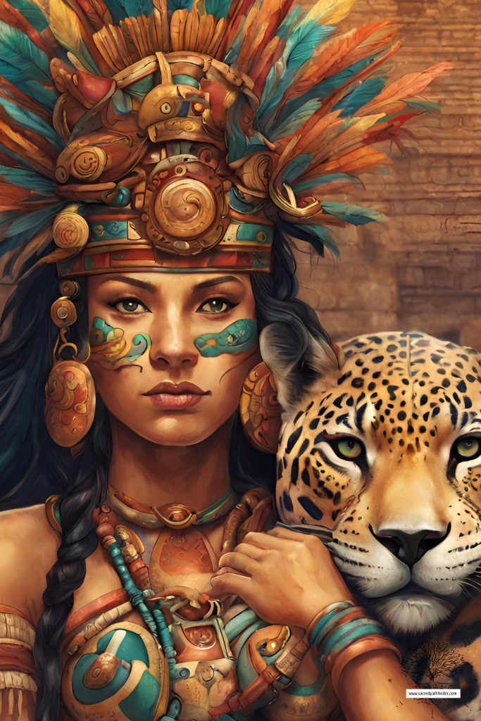 AI generated photo of the Mayan Goddess Ixchel, next to a jaguar