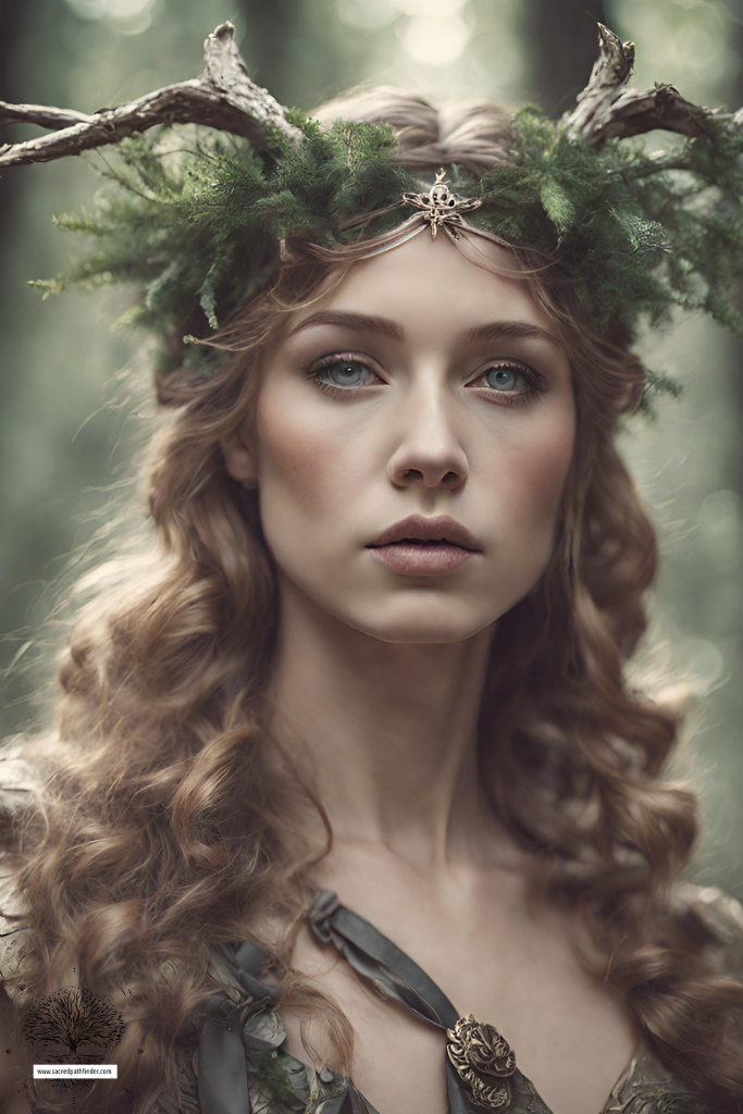 AI generated photo of the goddess Artmemis, in the forest, wearing antlers. 