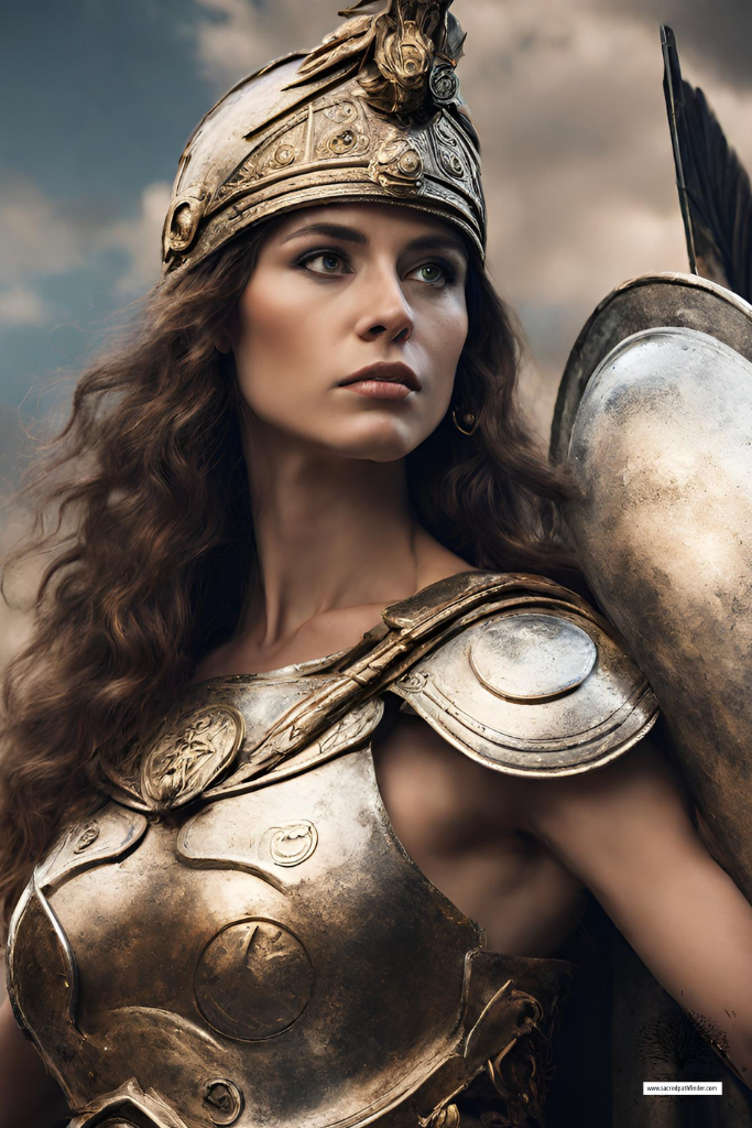 AI generated photo of the Greek Goddess Athena, in gold armor and a helmet. 