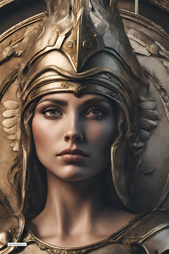 AI generated photo of a closeup of the goddess athena wearing her helmet