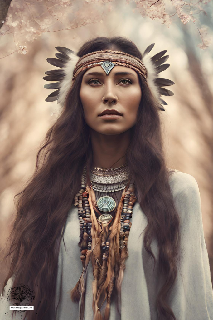 AI generated photo of Changing Woman from Native American folklore in front of trees in spring that are in bloom. 