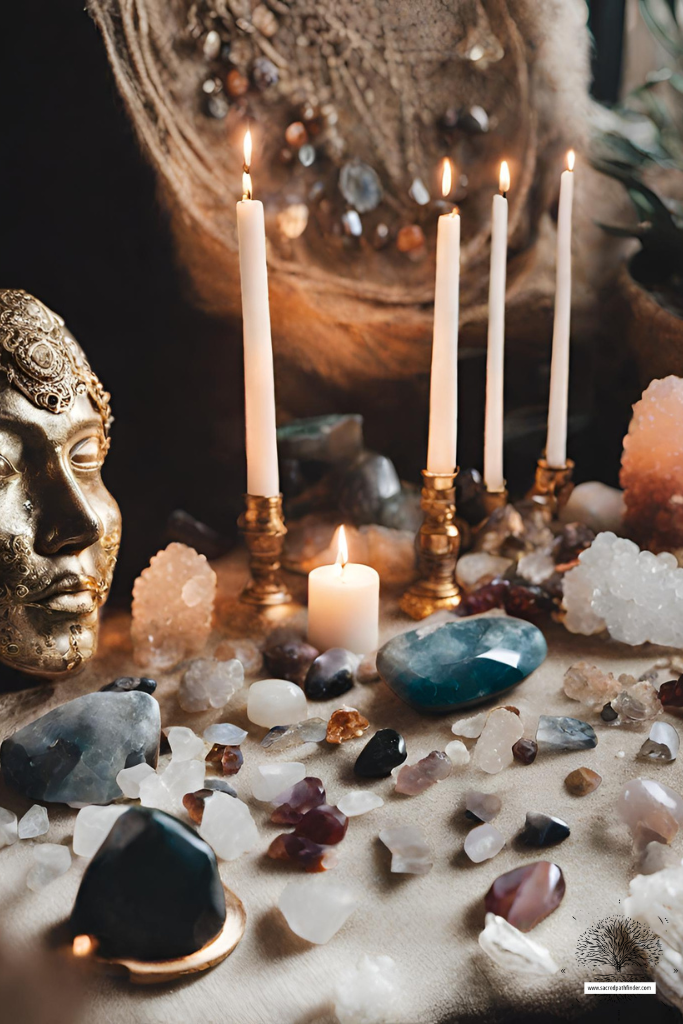 Photo of a table with crystals and candles. There is also a golden head statue. This photo is AI generated. 