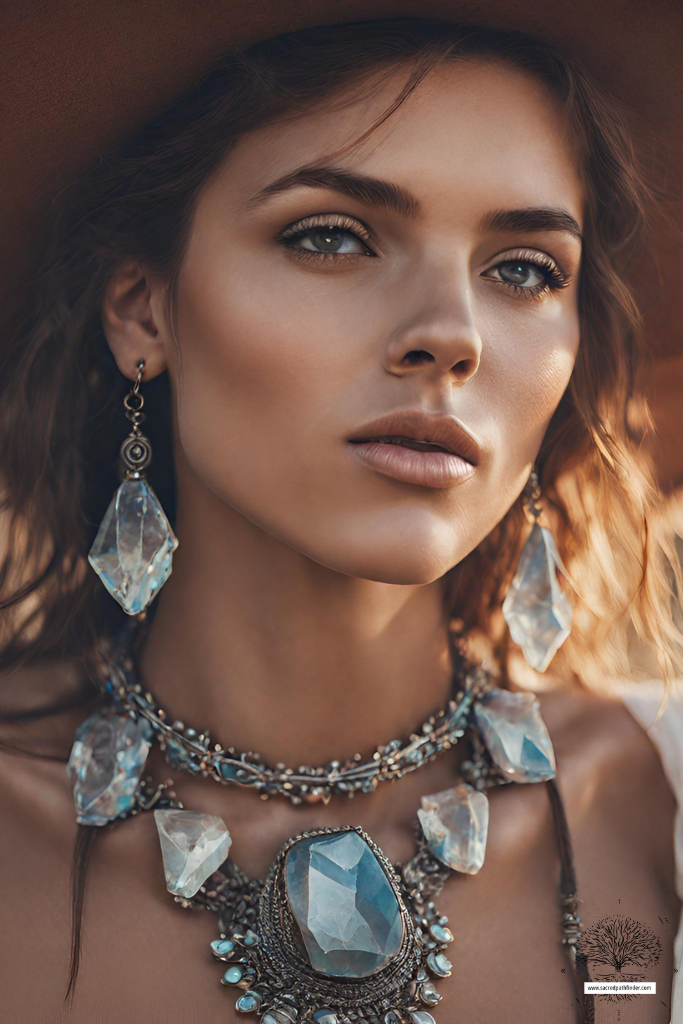 Photo of a woman with brown hair and a brown hat, wearing large crystal jewelry. This photo is AI Generated. 