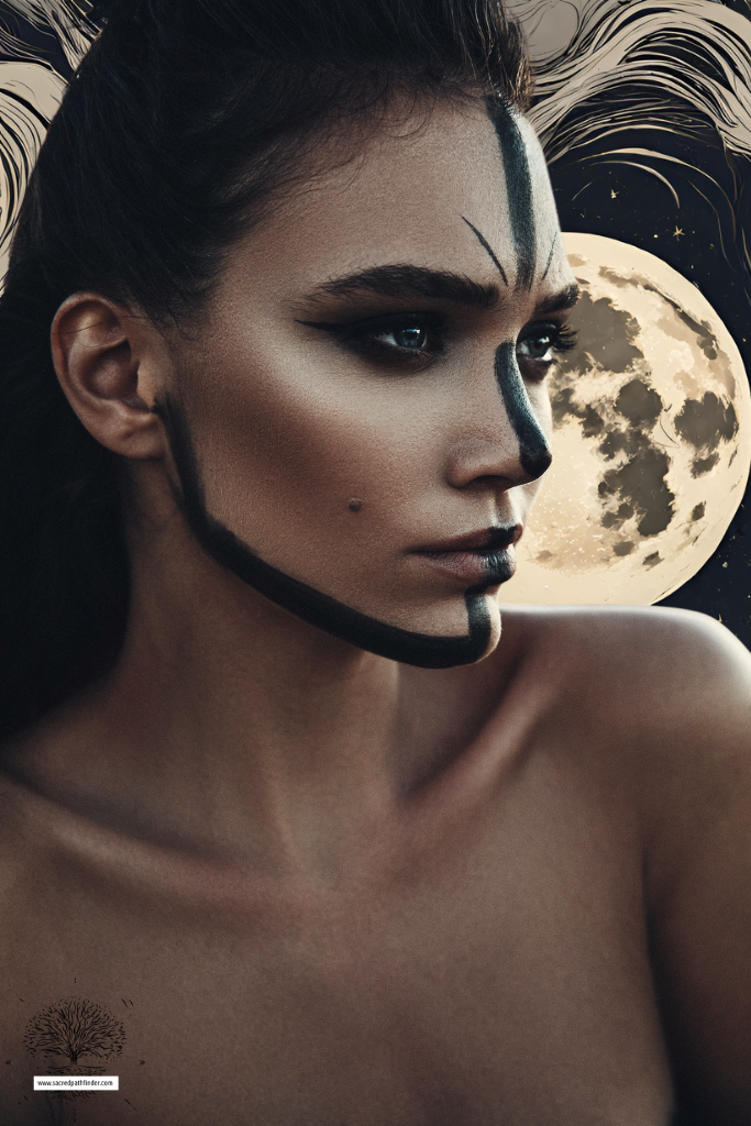 Photo of a woman with black warrior paint lines on her face. She is in front of an AI generated moon background.