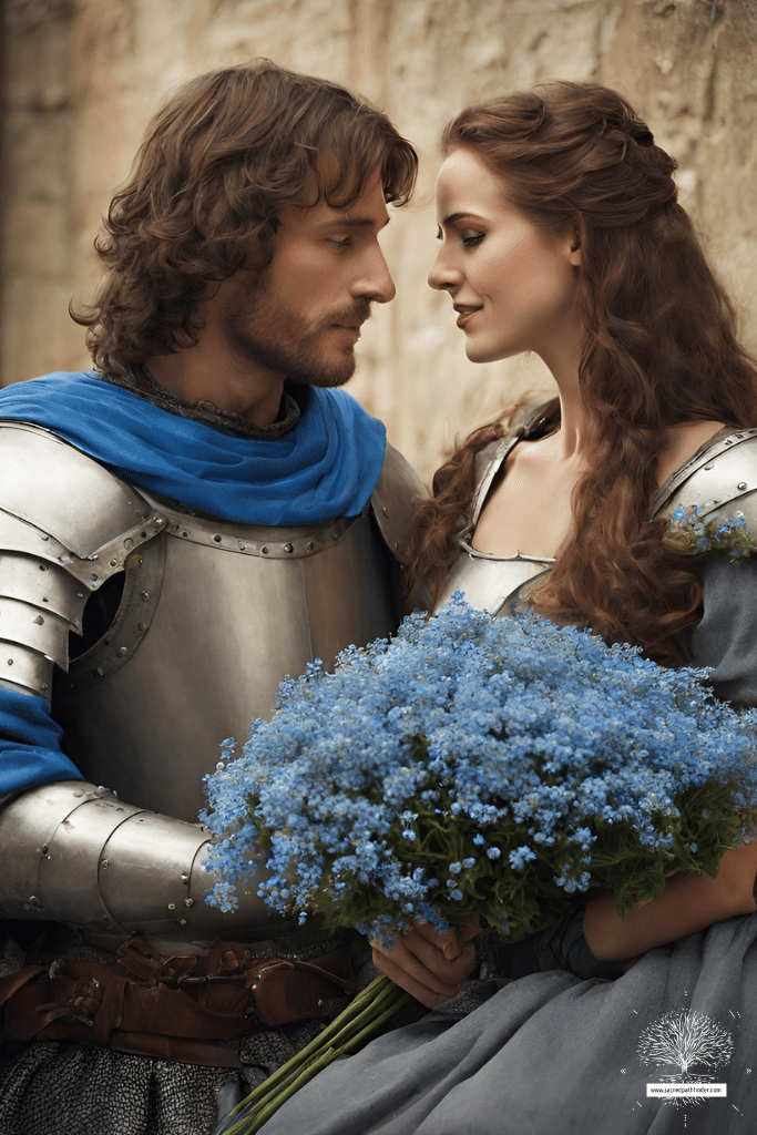 AI Generated photo of a man and woman from medieval times. The woman is holding a bouquet of forget-me-not blooms, and the man and woman are about to his. He is wearing knight armor. 