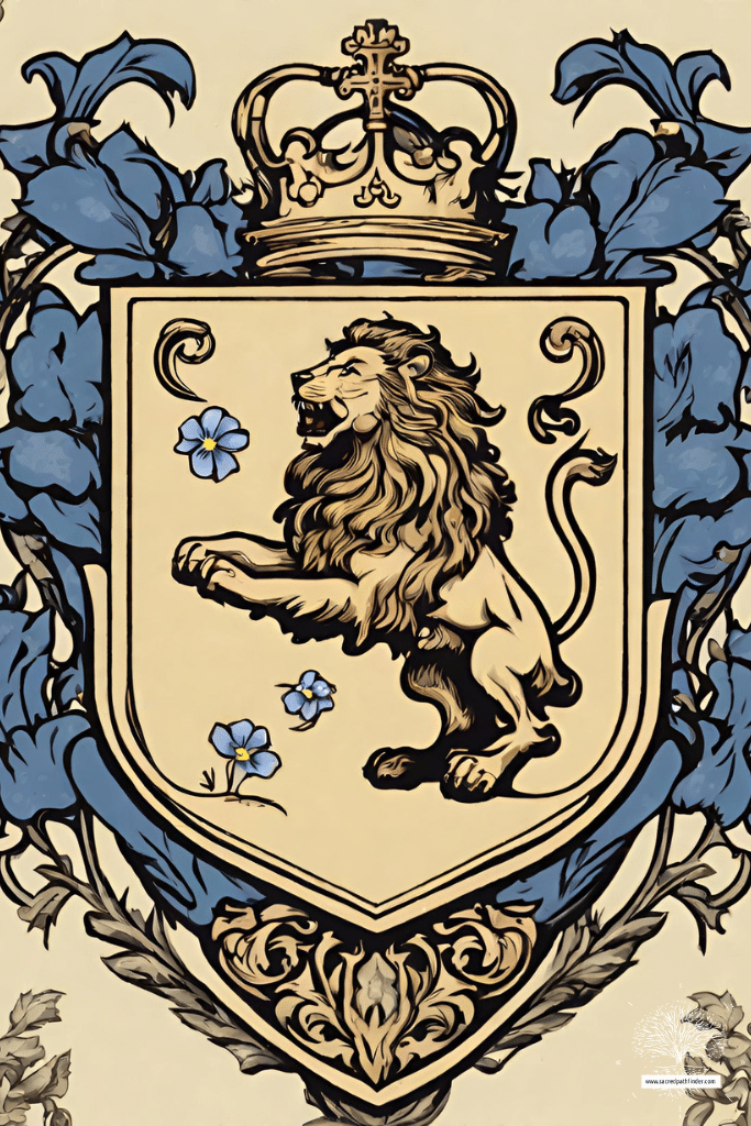 AI Generated photo of a coat of arms of a lion surrounded by forget me not flowers. 