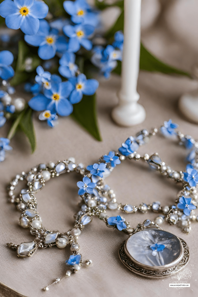 AI Generated photo of a forget me not inspired necklace. There is a candle and bouquet of forget me nots in the background. 