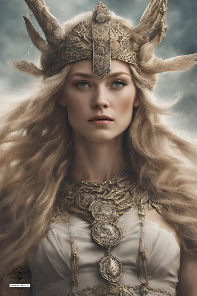 AI generated closeup photo of the goddess Freya from Norse mythology, in a helmet, wearing jewelry. 