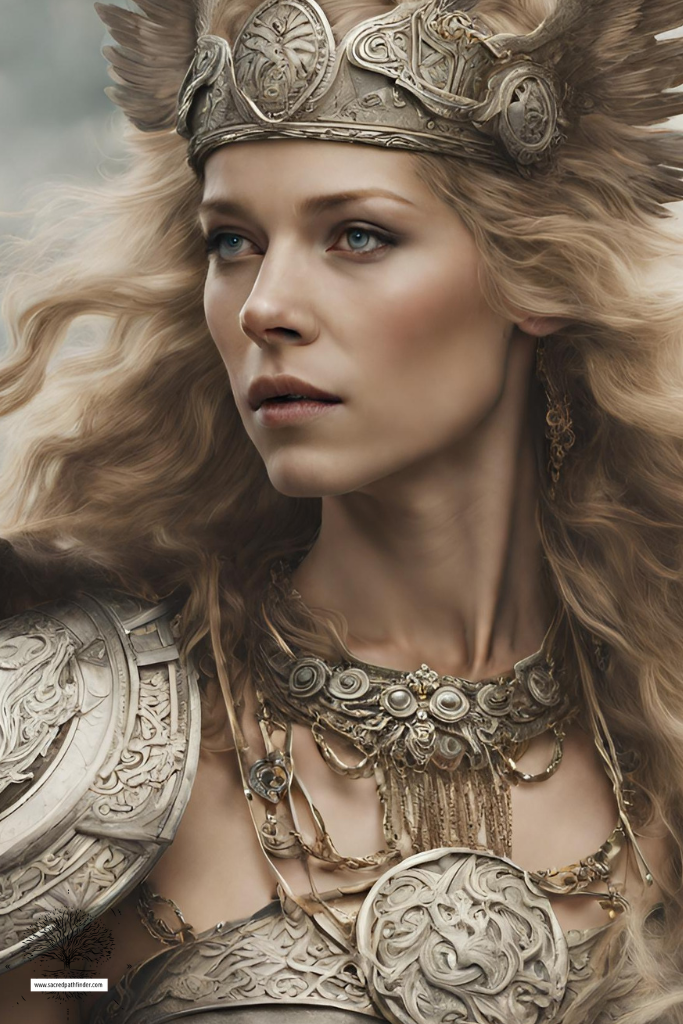 AI generated photo of the Norse goddess, Freya. It's a closeup photo and she is in her armor. 