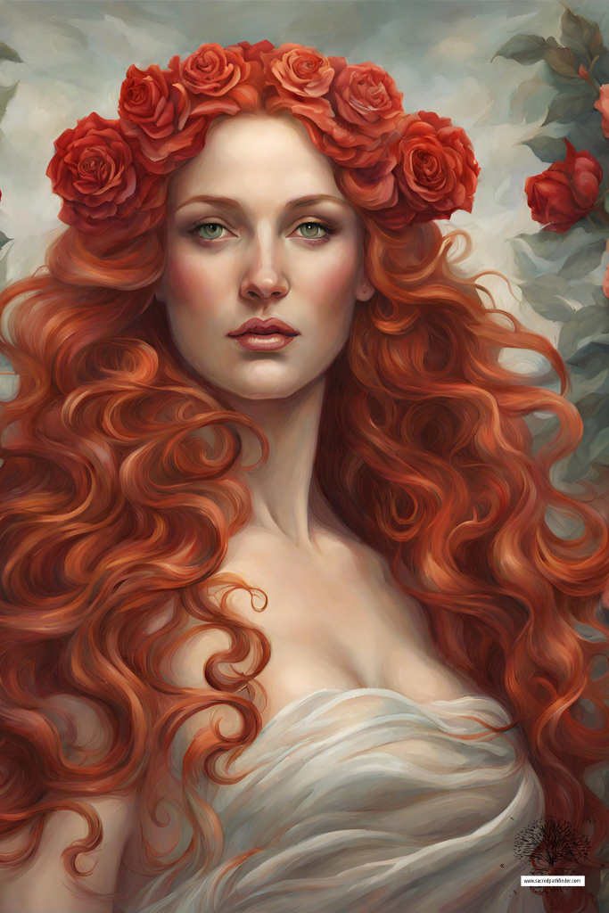 ai generated photo of the goddess Aphrodite with long red, curly hair. she is wearing a rose crown. 