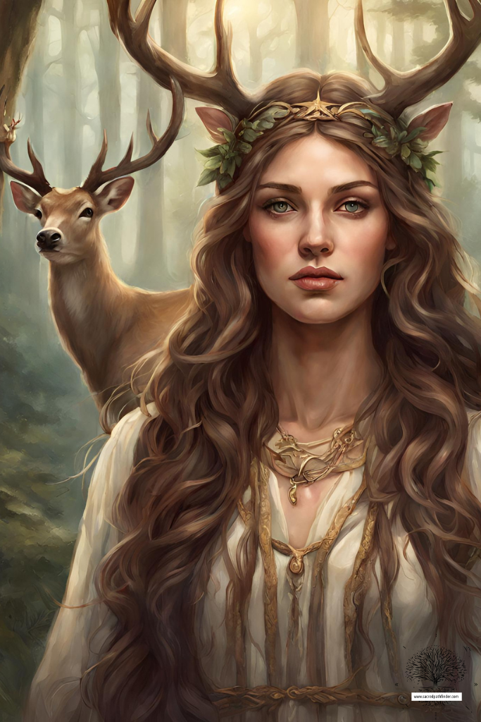 ai generated photo of the goddess artemis, wearing antlers. there is a deer in the background