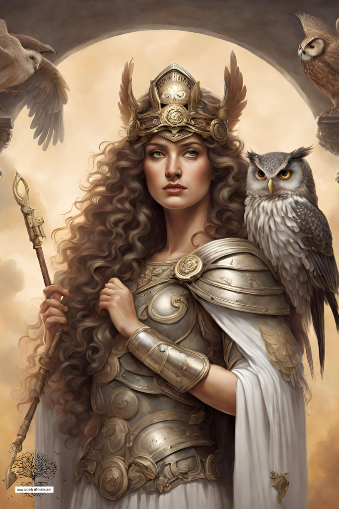 ai generated photo of the goddess athena, with her owl on her shoulder, wearing her signature armor