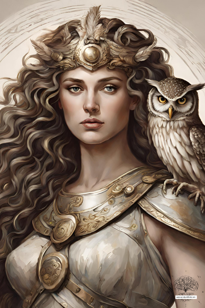 ai generated photo of the goddess athena, with her owl on her shoulder, wearing her signature armor