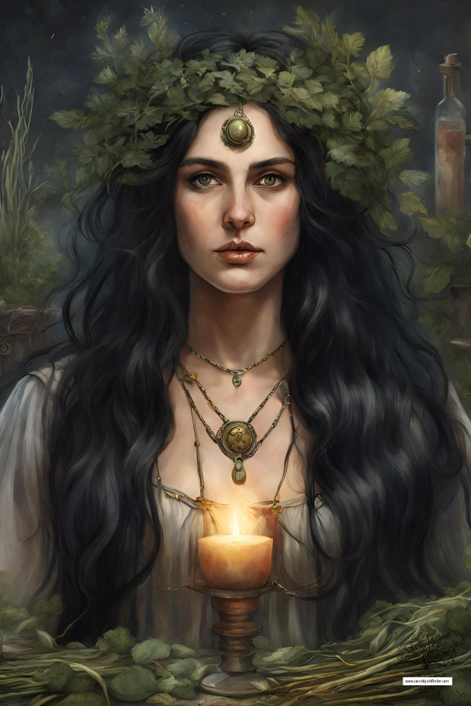 AI generated photo of the goddess Circe, wearing an herb crown, with a lit candle in front of her. 