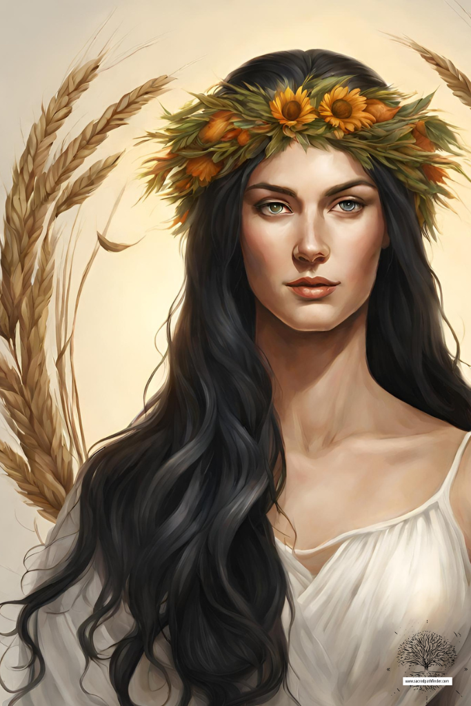 ai generated photo of the goddess demeter, with a crown of sunflowers, and wheat sheaths in the background.