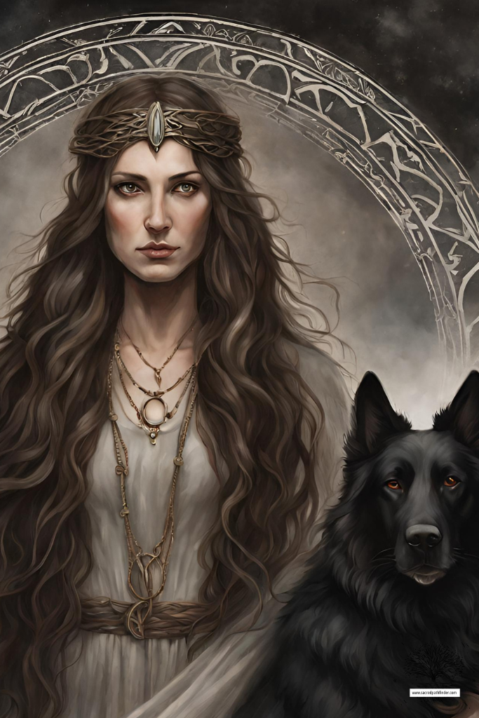 AI generated photo of the goddess Hekate with her black dog. 