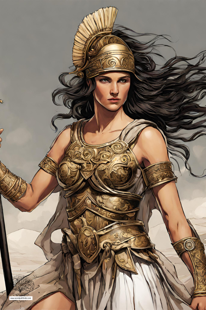 AI generated photo of a greek goddess warrior in full armor. 