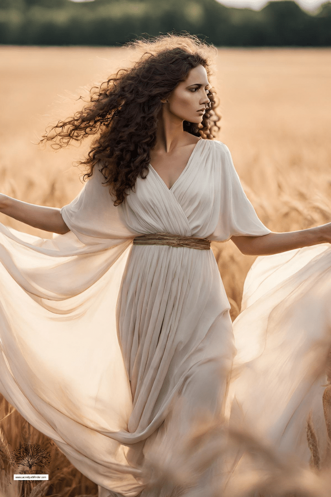 AI Generated photo of a woman with long curly hair, in a flowy dress. She is in a field of flowing wheat. 