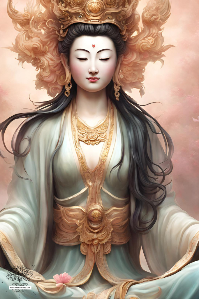 AI generated photo of the Chinese folklore goddess Guanyin. She is in a meditative state.