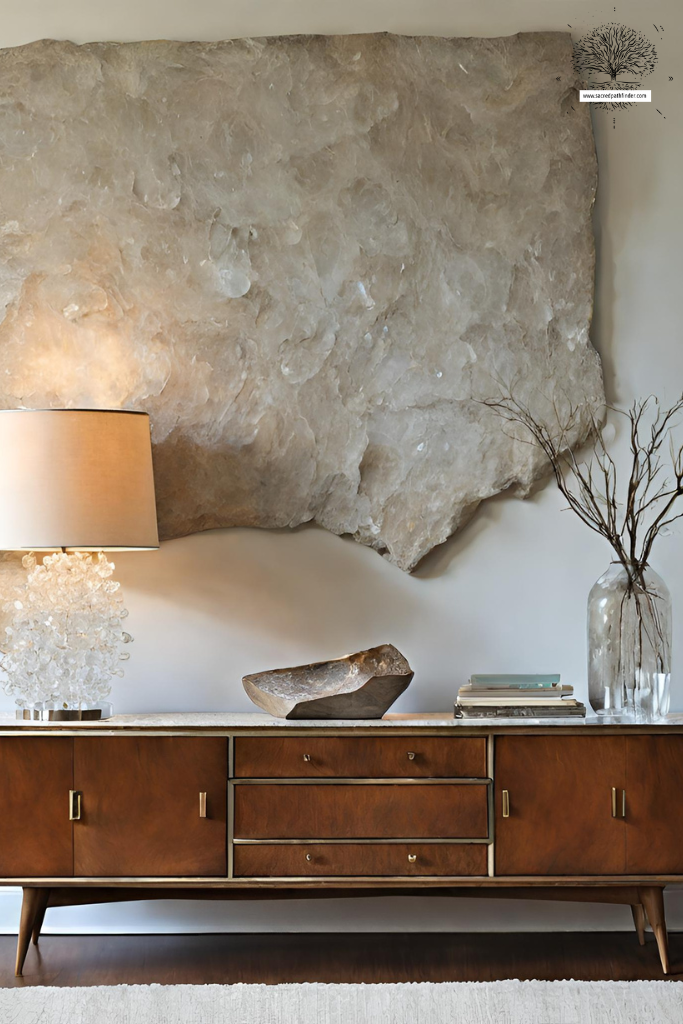 Photo of a midcentury modern media console with a lamp, crystal, and vase on the top. There is a giant crystal hanging on the wall as decoration. This image is AI generated. 