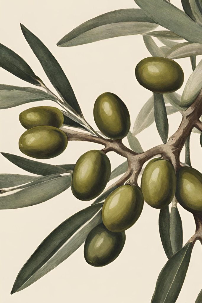 AI generated photo of an olive branch, with olives on it. 