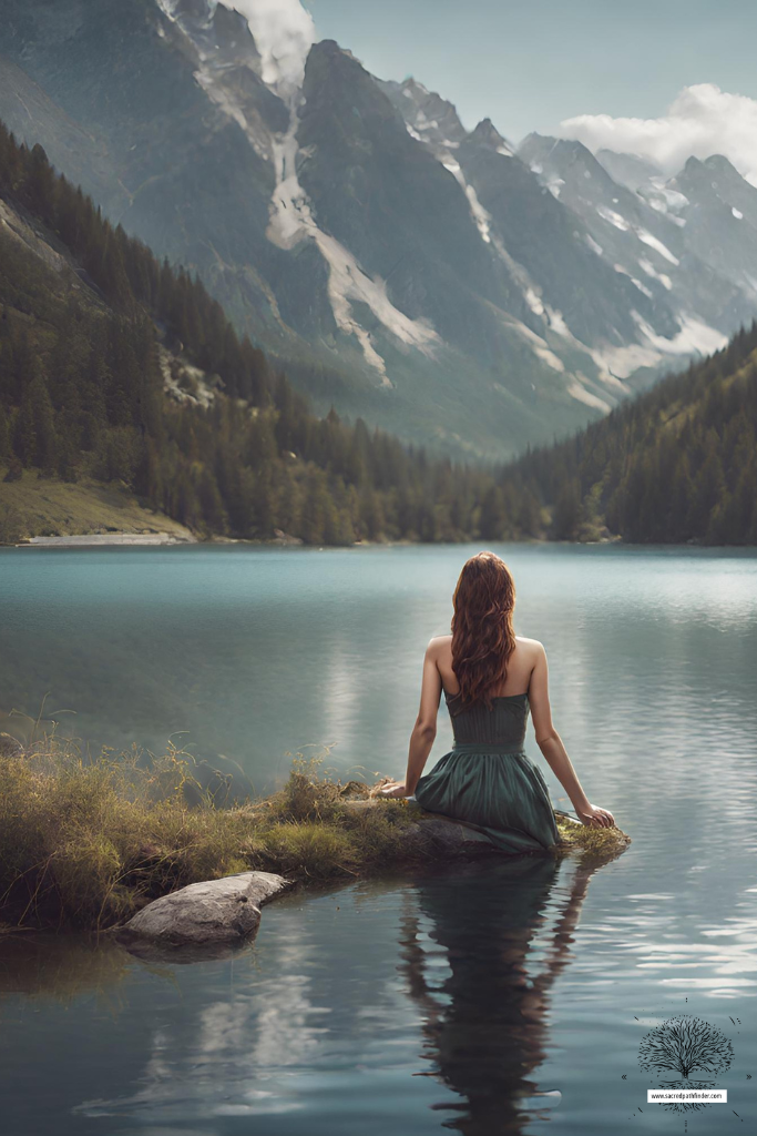 AI generated photo of a woman by a mountain lake. You can only see the back of her. 