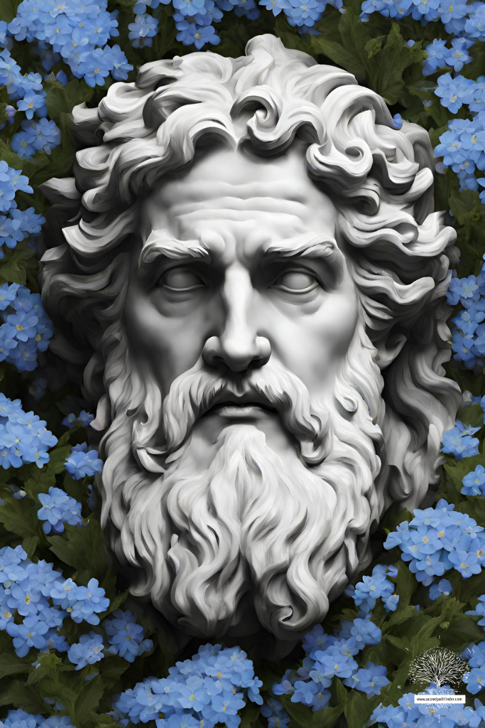 AI Generated photo of a statue of the God Zeus's head, surrounded by pretty blue forget-me-nots. 