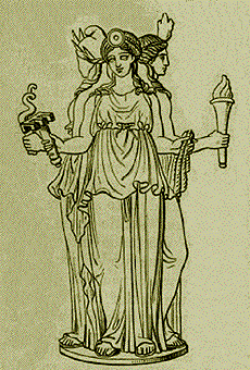 Graphic of the goddess, Hekate, represented as three women holding torches