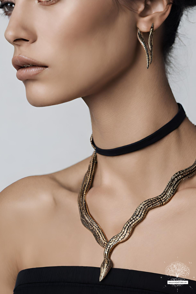 AI generated photo of a woman wearing a golden snake necklace.