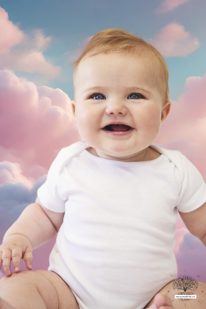Photo of a baby boy in front of a dreamy cloud background