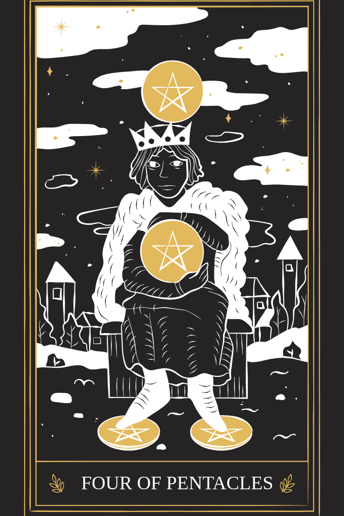 Photo of the Four of Pentacles tarot card. This is a graphic. 