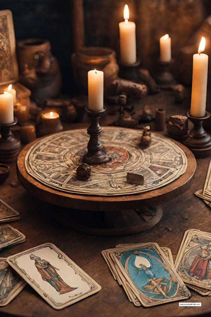 AI generated photo of tarot cards on a large wooden table in the Middle Ages. 