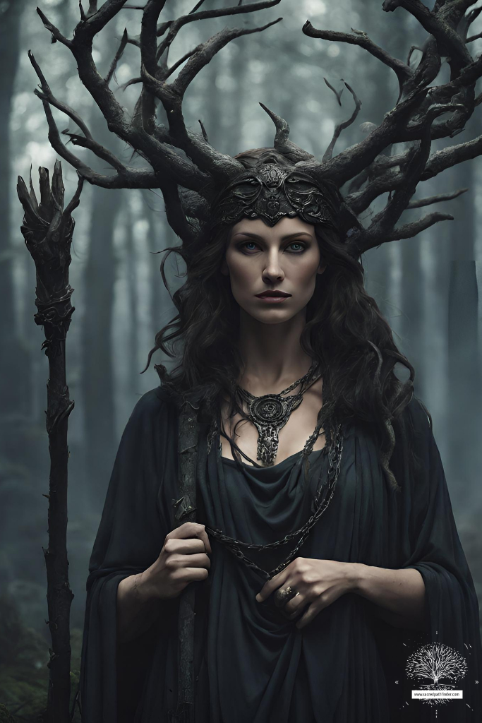 AI generated photo of the greek goddess hekate, with a staff and a branch crown