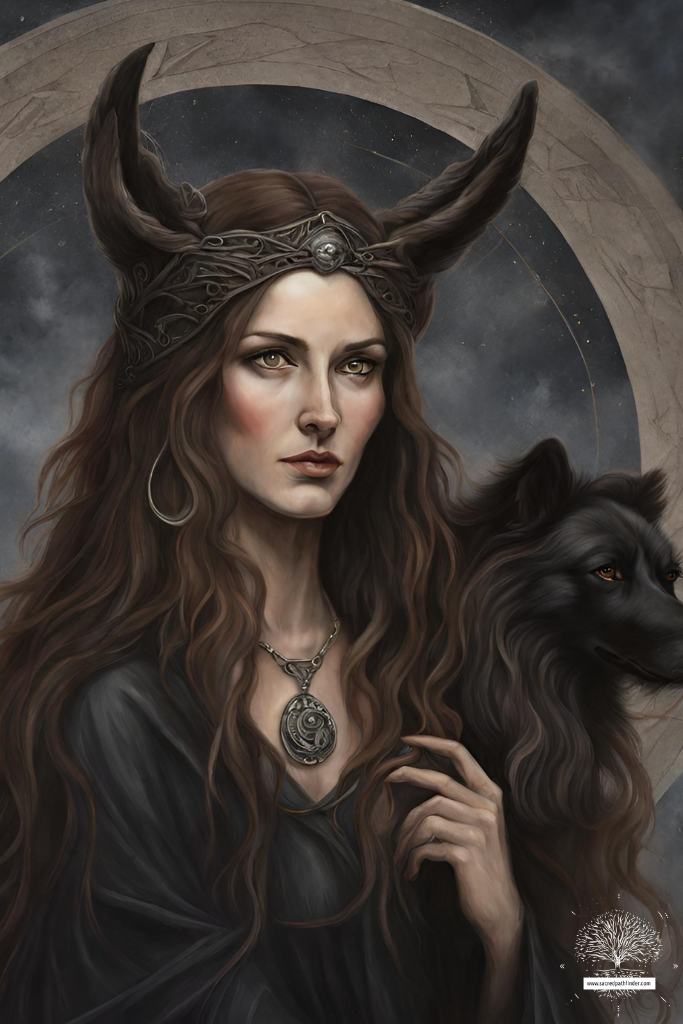 AI generated photo of the goddess Hekate with a black dog