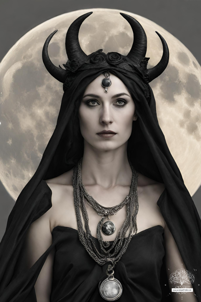 AI generated photo of Hekate in front of a full moon