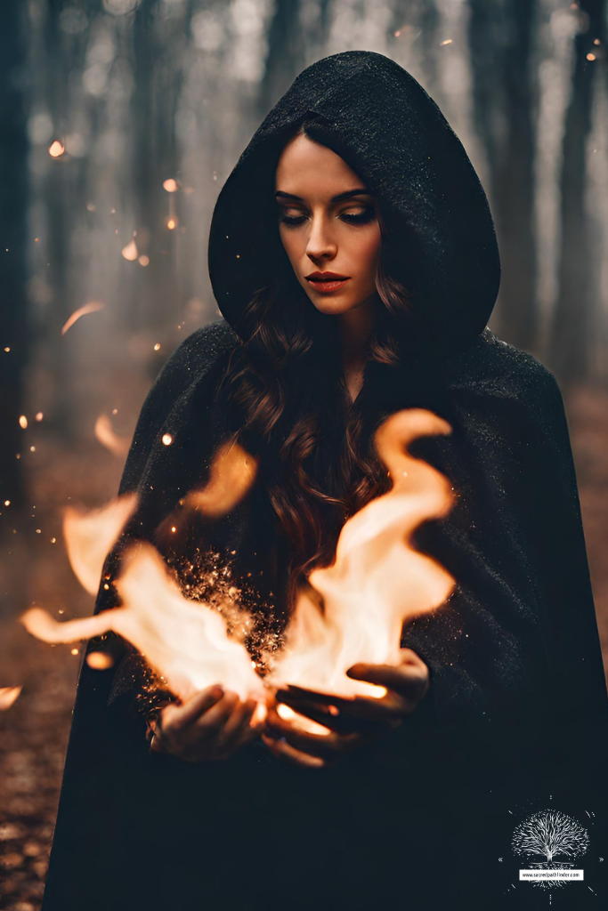 AI generated photo of a woman wearing a black cloak, holding fire. She is a witch how can wield magic. She is in a forest. 