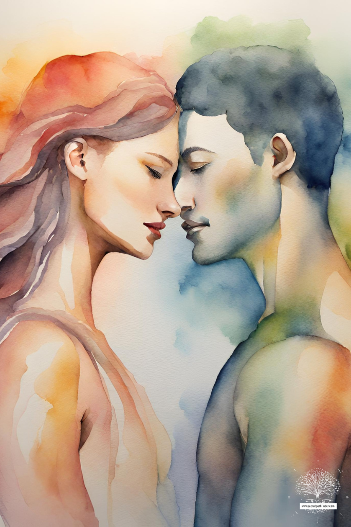 AI Generated image of a man and a woman painted using a watercolor technique. They are close to each other.