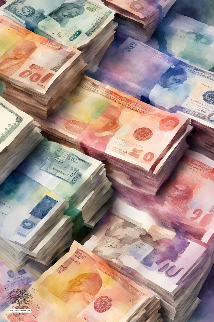 AI generated photo of a stack of money, in a watercolor aesthetic, with many colors. 