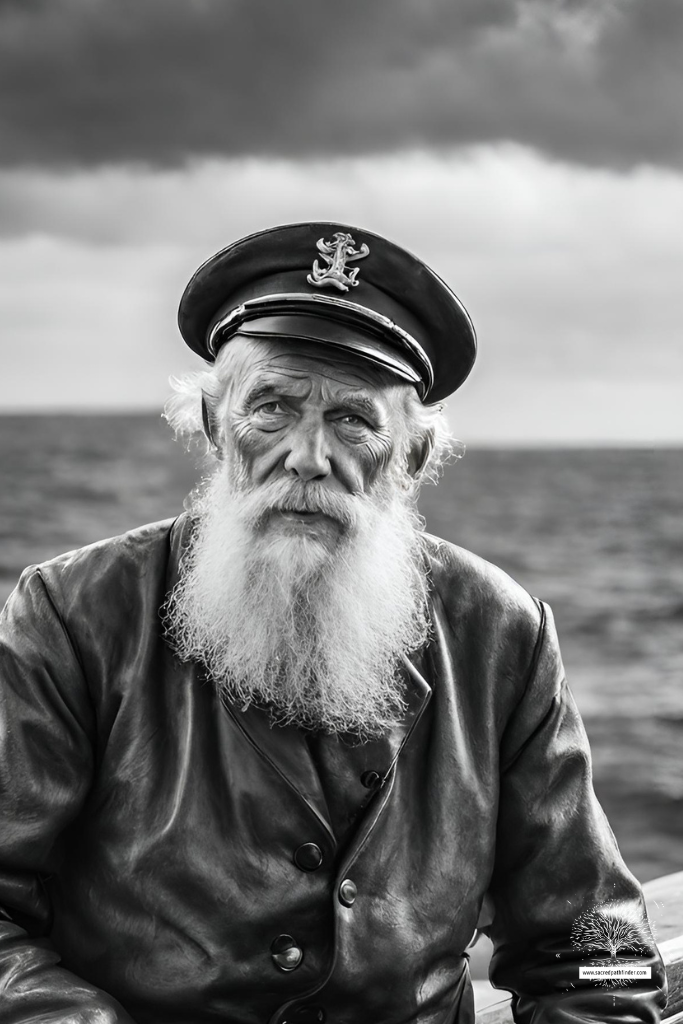 AI generated black and white image of an old sailor out at sea, looking at the camera. He has a serious look on his face and is looking at the camera. 