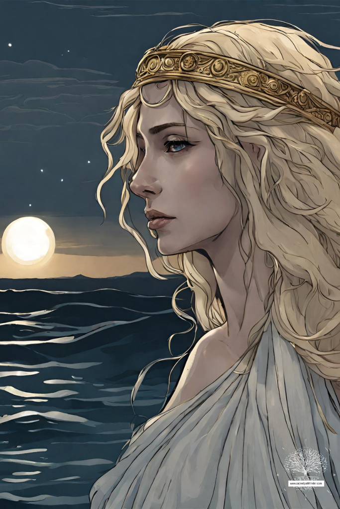 Photo of Selene sad by the ocean. The sun is setting.