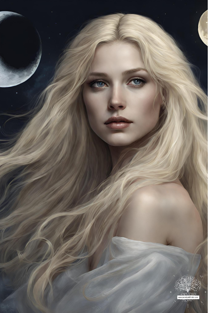 AI generated photo of the Greek goddess Selene in front of the moon
