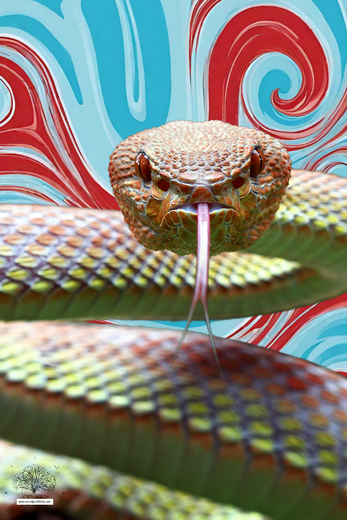 Photo of a snake hissing at the camera, with an AI generated background behind him that is light blue and red swirls. 