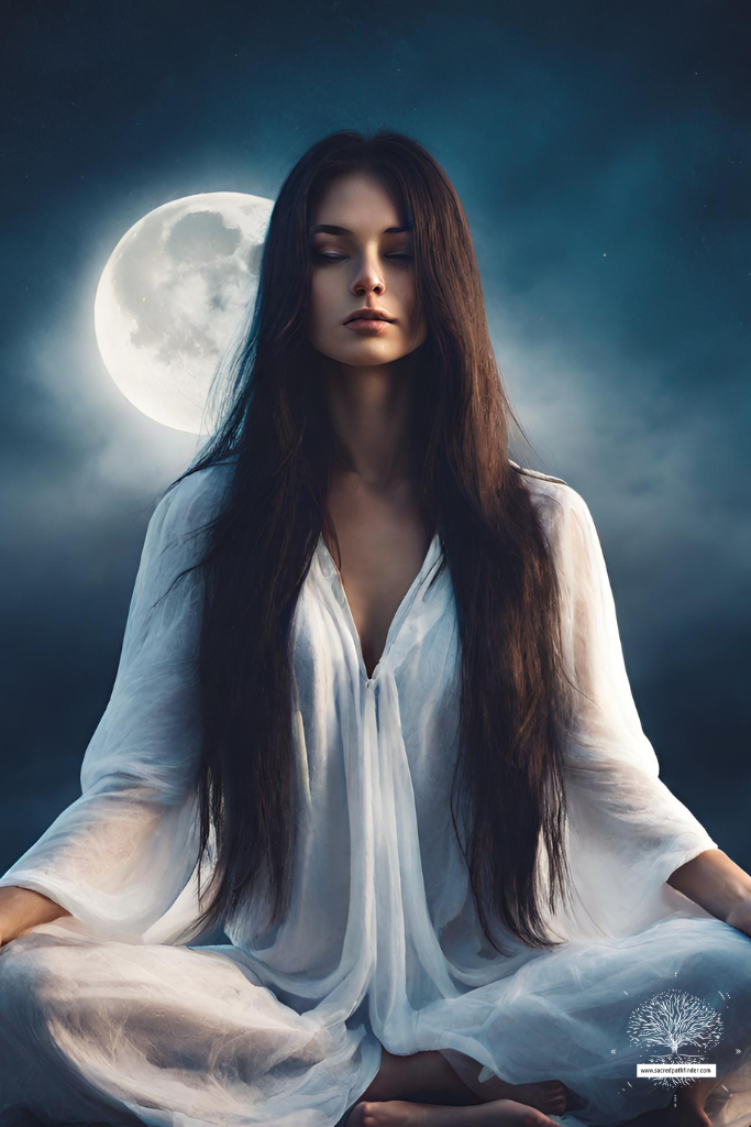 AI generated photo of a woman with long dark hair, meditating in front of a full moon