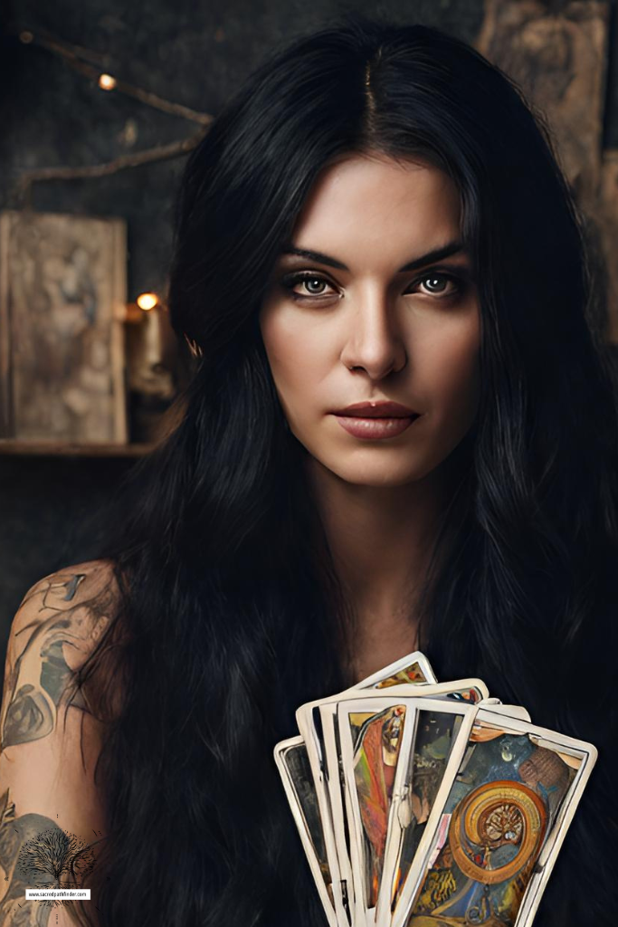 AI generated photo of a woman with long black hair, holding tarot cards. 