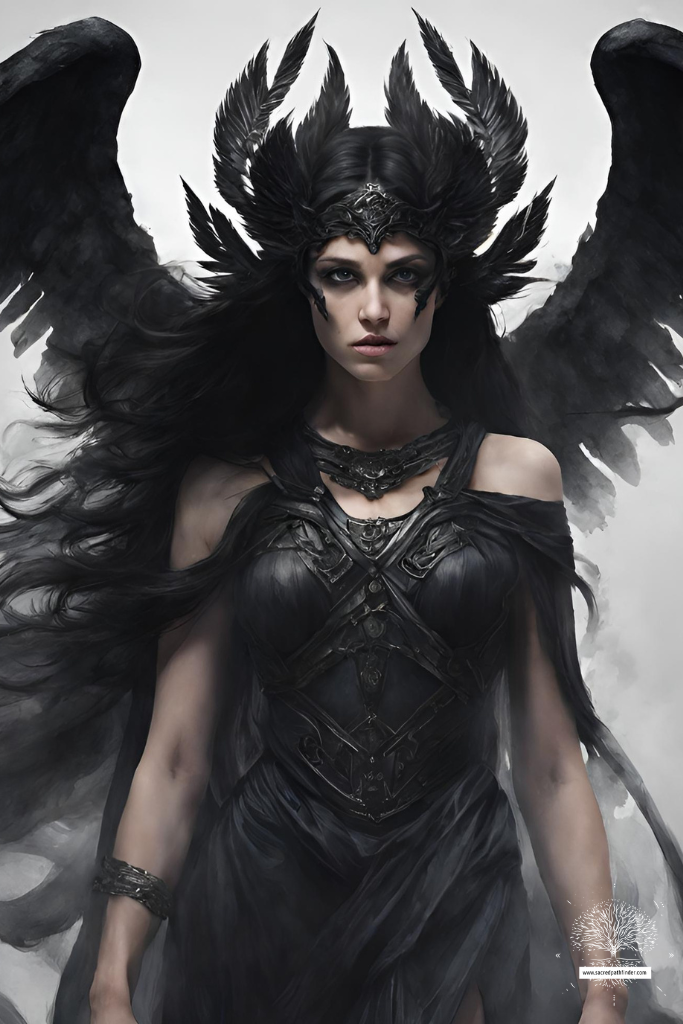 AI generated photo of Nyx, the goddess of the knight. She has black wings and is wearing a black dress.