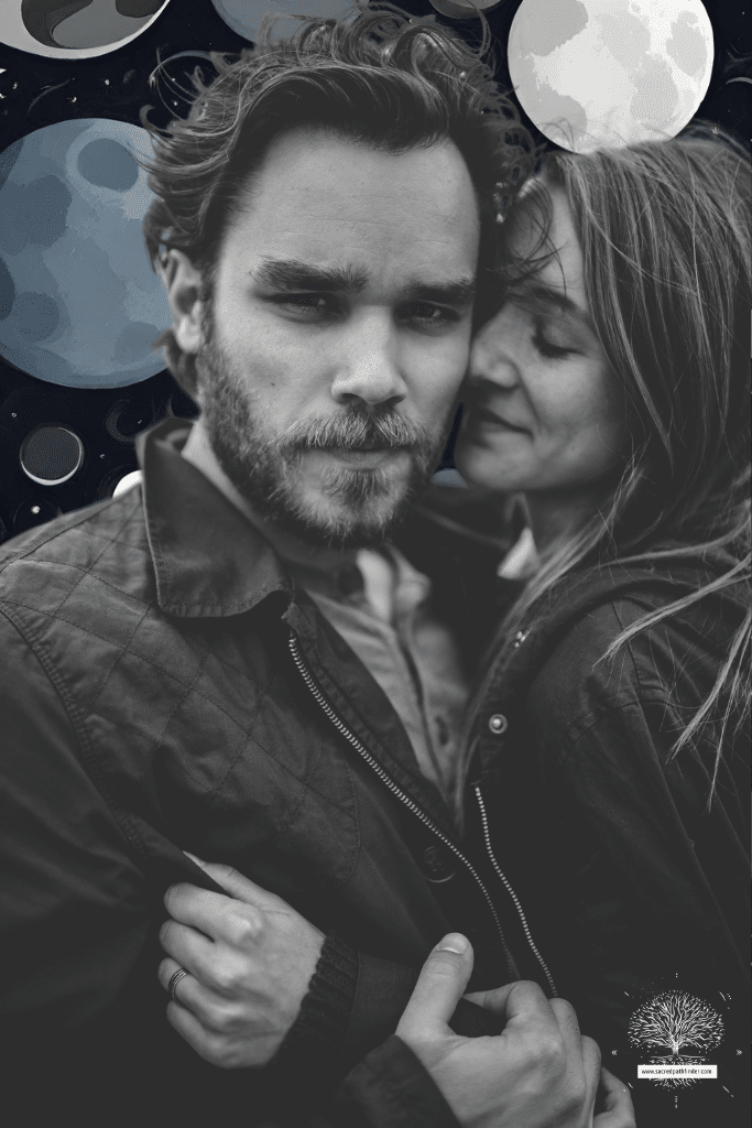 Black and white portrait of a couple, embracing eachother. The background is an ai generated image of a bunch of moons. 